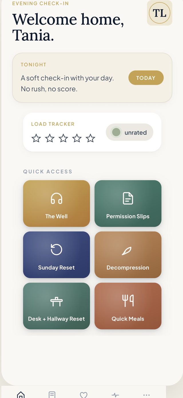 Principal Well home screen — evening check-in with load tracker and quick access tools