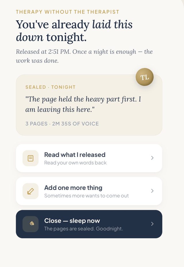 Therapy Without the Therapist — nightly journal, sealed for the night