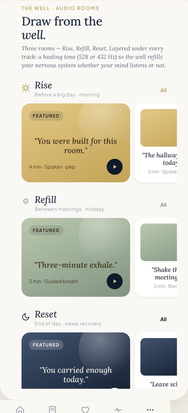 The Well sound rooms — Rise, Refill and Reset audio with healing tones